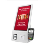 ตู้ Kiosk สั่งอาหารและชำระเงินอัตโนมัติแบบติดผนัง หน้าจอสัมผัส ขนาด 21.5 นิ้ว พร้อมกล้องและเครื่องพิมพ์ในตัว
