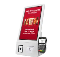 ตู้ Kiosk สั่งอาหารและชำระเงินอัตโนมัติแบบติดผนัง หน้าจอสัมผัส ขนาด 21.5 นิ้ว พร้อมกล้องและเครื่องพิมพ์ในตัว